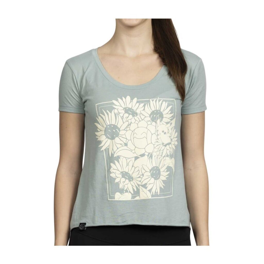 013cacda-9899-572a-b4c1-fa6177dee4c1-1024x1024-1.jpg Pikachu & Sunflora Pokémon Nature: Spring Green Scoop Neck Festival T-Shirt – Women - Image 1