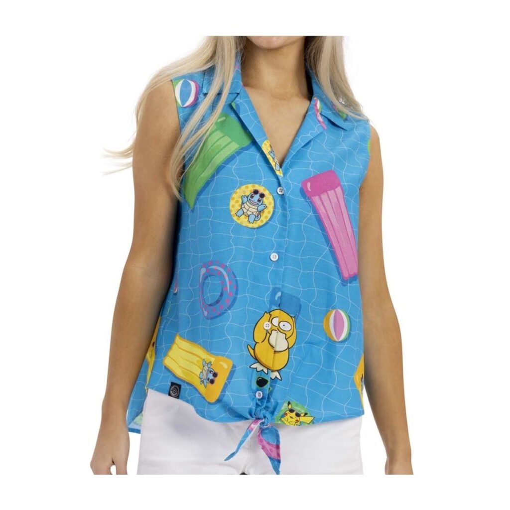 028deb4c-2f01-51f7-a530-ede866f8d676-1024x1024-1.jpg Pokémon Tropical Pikachu & Friends Pool Party Sleeveless Tropical Shirt – Women - Image 1