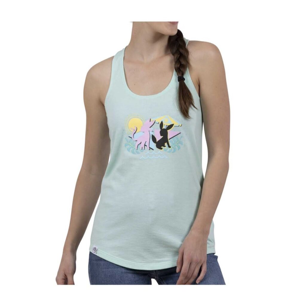 043cf91d-6ee5-5fcb-be85-6f095c708c2a-1024x1024-1.jpg Espeon & Umbreon Summer Fun Light Green Fitted Racerback Tank Top – Women - Image 1
