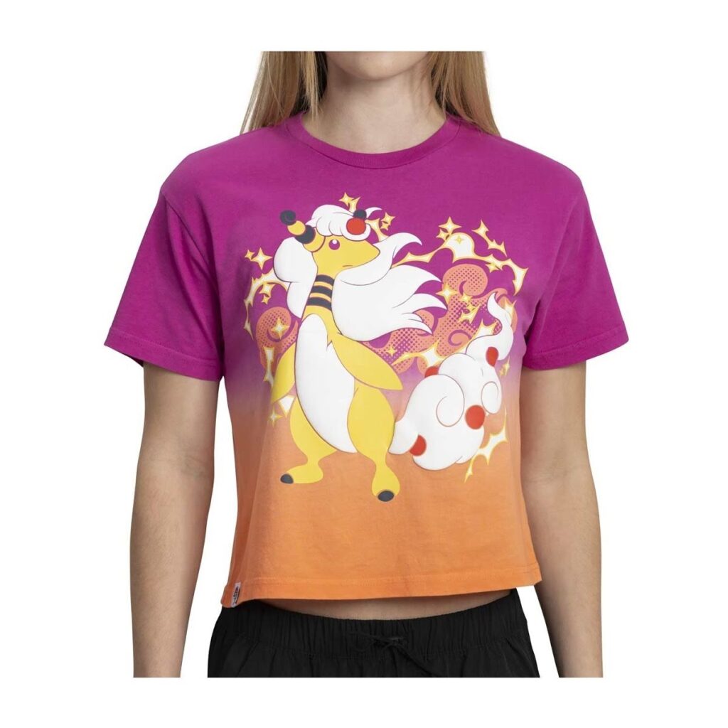 18362032-1bf4-5fbc-bc8c-9f12047a17b6-1024x1024-1.jpg Mega Ampharos Multicolor Crop T-Shirt – Women - Image 1