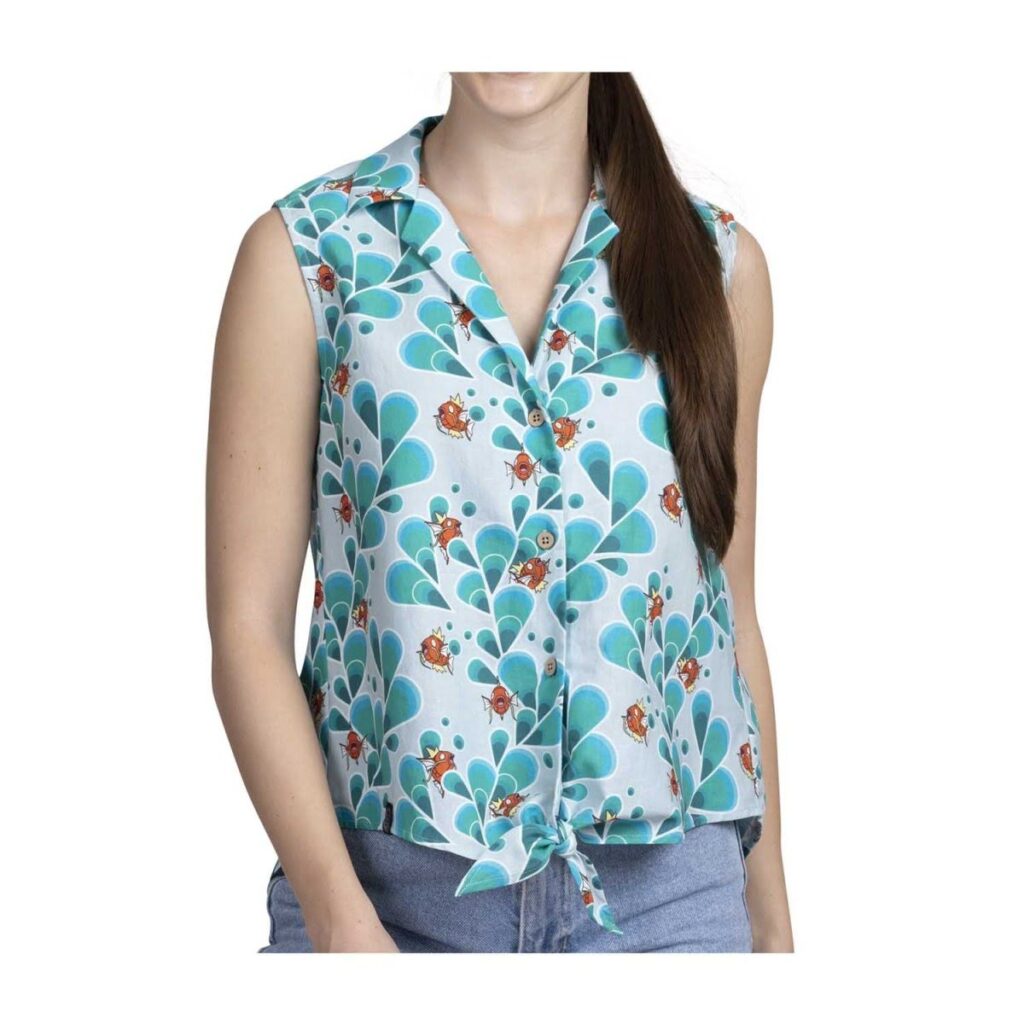 1f274ed1-f96a-5ec7-8b47-b12ea7b51f91-1024x1024-1.jpg Pokémon Tropical Magikarp Light Blue Sleeveless Tropical Shirt – Women - Image 1
