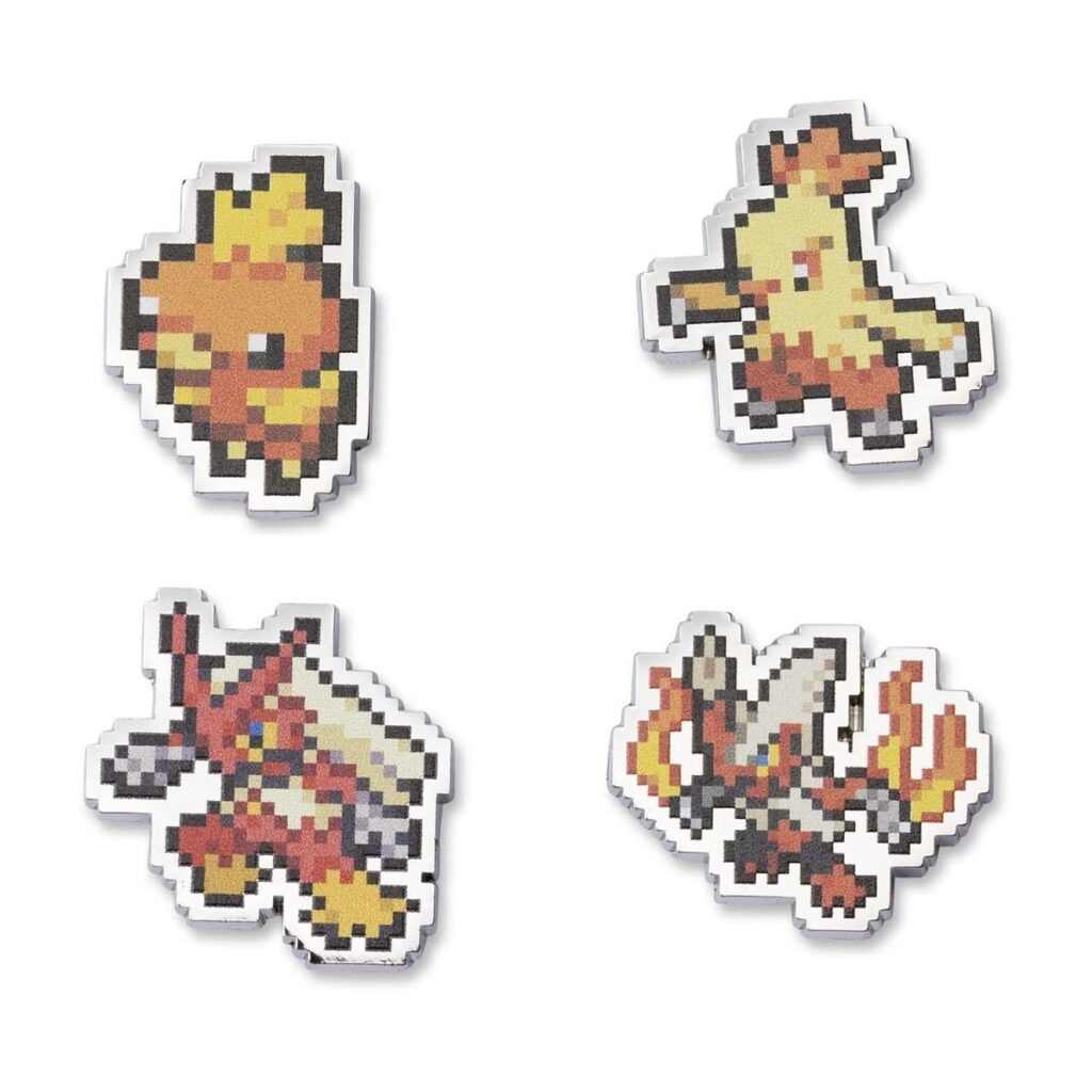 5c2285ce-1bbb-53fb-9c85-99e491065b4c-1024x1024-1.jpg Torchic, Combusken, Blaziken & Mega Blaziken Pokémon Pixel Pins (4-Pack) - Image 1