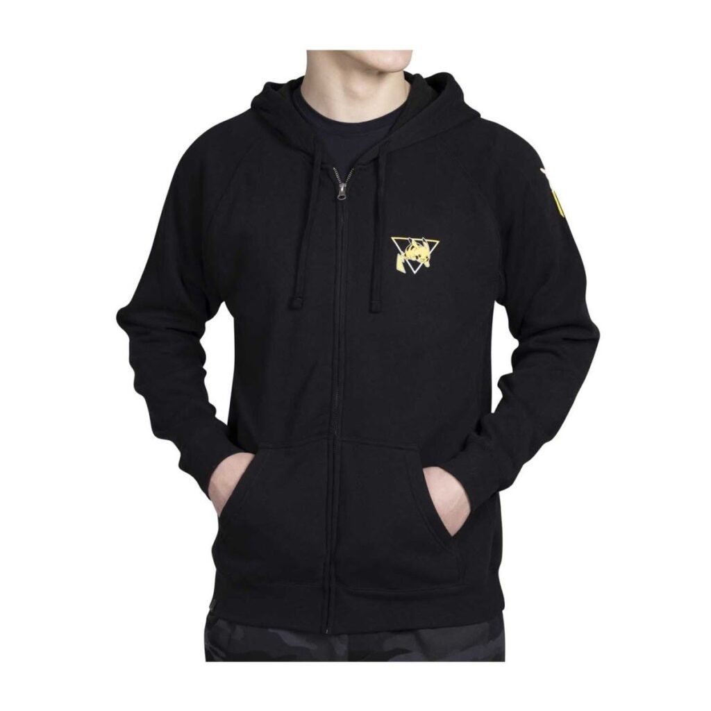 6193d480-41d4-593a-8e80-c2446b296d3e-1024x1024-1.jpg Pikachu Pokémon Active Black Fitted Zip-Up Hoodie – Adult - Image 1