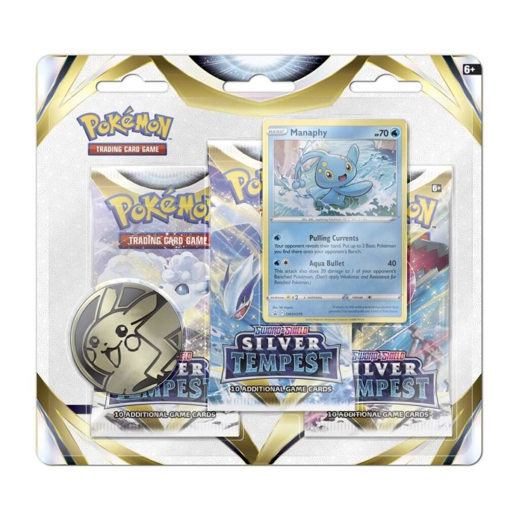 76e77943-32ab-5279-97a1-802acc4cf335-1024x1024-1.jpg Pokémon TCG: Sword & Shield-Silver Tempest 3 Booster Packs, Coin & Manaphy Promo Card - Image 1