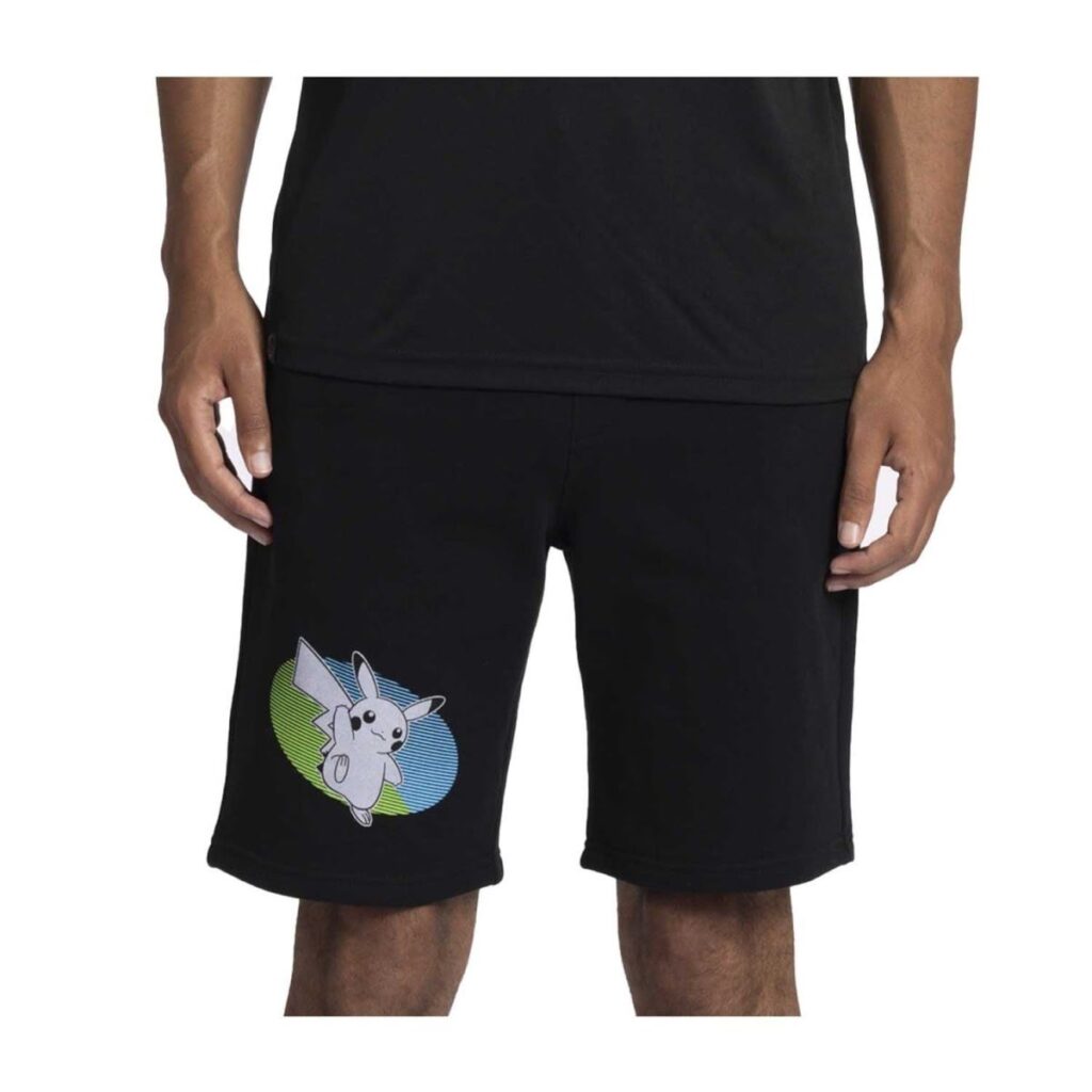 84ca8a3e-0665-5f9f-a97e-8a3500d53e33-1024x1024-1.jpg Pikachu Neon Pokémon Active Black, Green & Blue Midweight Fleece Shorts – Men - Image 1