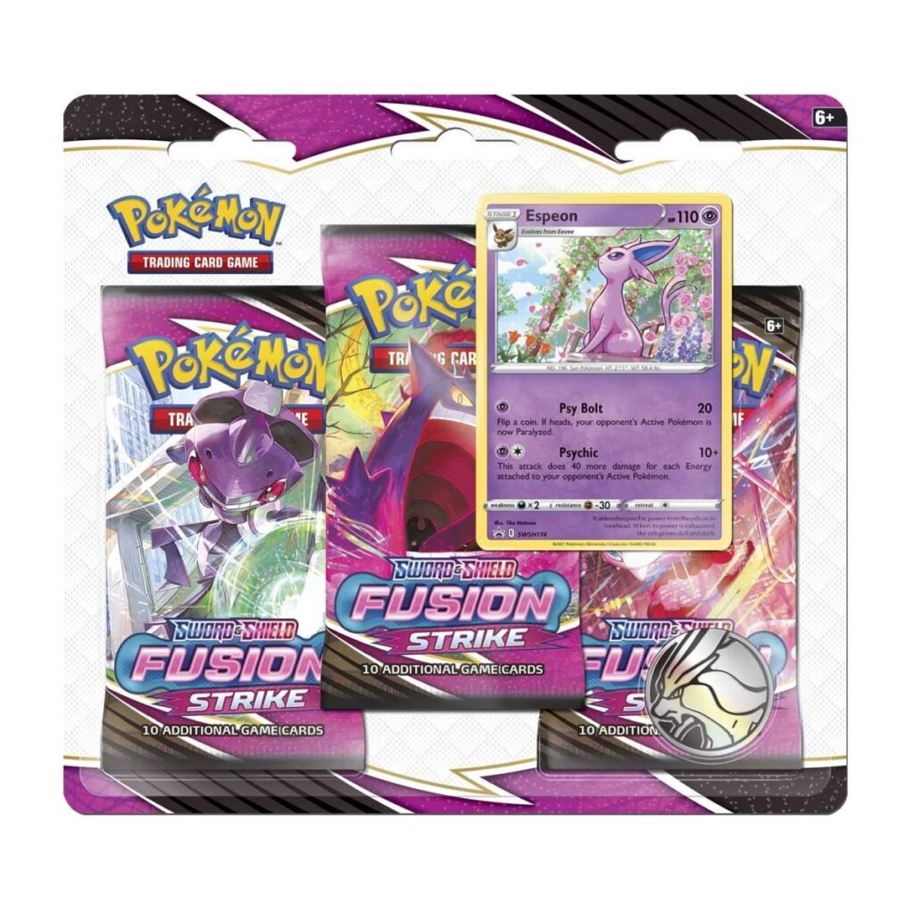 bfa822ae-3b56-587f-938b-5d4009a417e8-1024x1024-1.jpg Pokémon TCG: Sword & Shield-Fusion Strike 3 Booster Packs, Coin & Espeon Promo Card - Image 1
