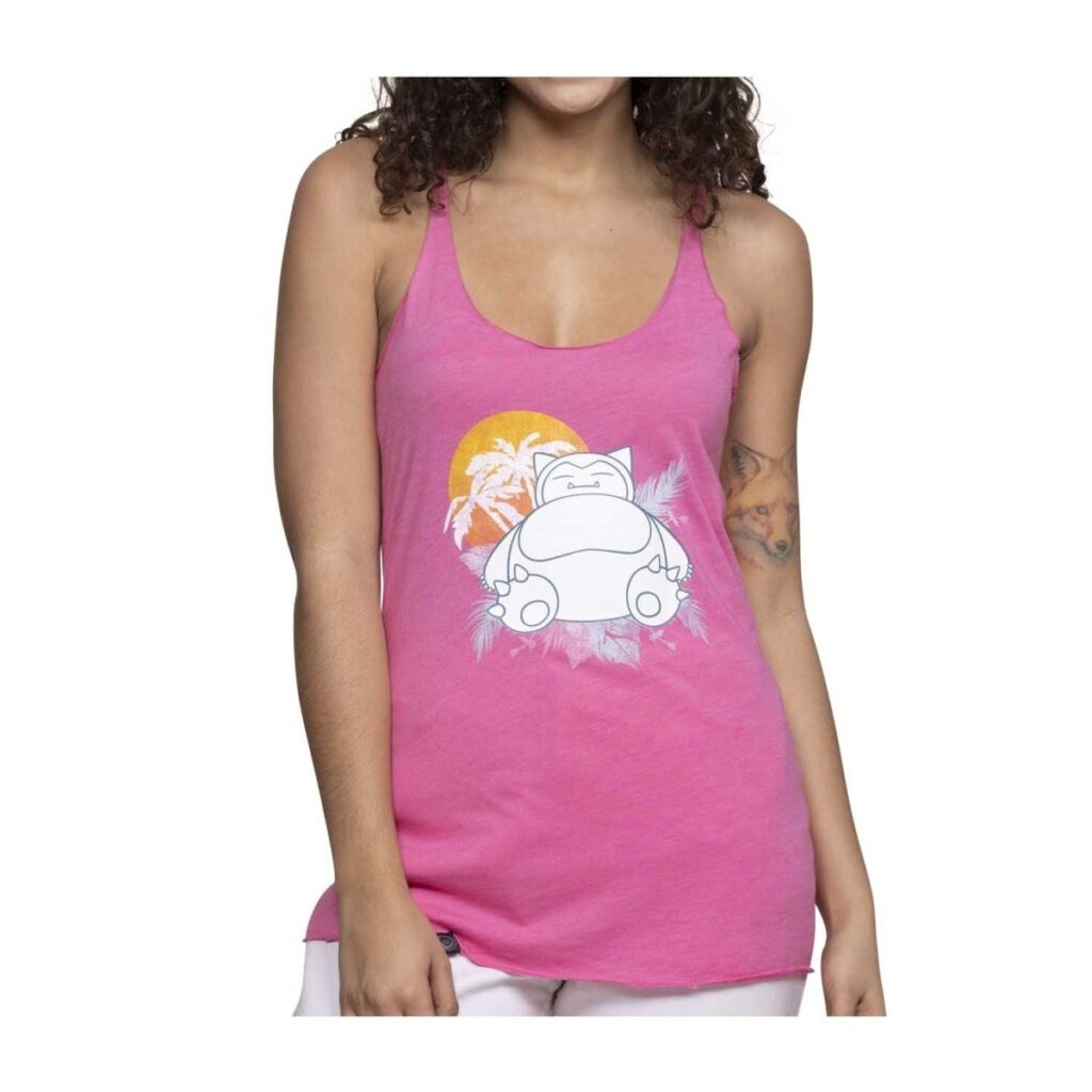 d60920e9-ed1a-52a5-bc5b-e6b36b9d58a9-1024x1024-1.jpg Snorlax Sunset Pink Fitted Racerback Tank Top – Women - Image 1