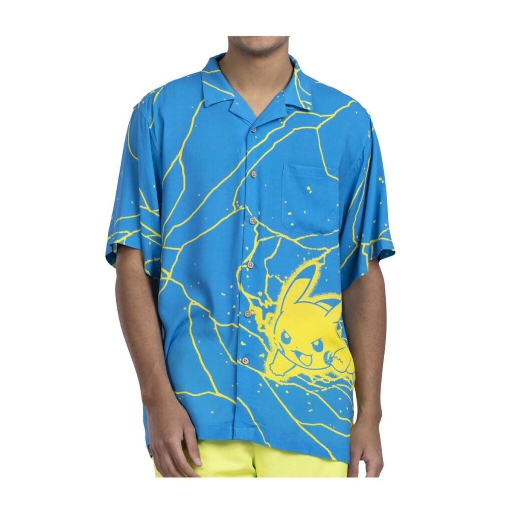 d89a65ea-babc-577f-8bf5-29d1009368e1-1024x1024-1.jpg Pokémon Tropical Pikachu Blue Lightning Tropical Shirt – Men - Image 1